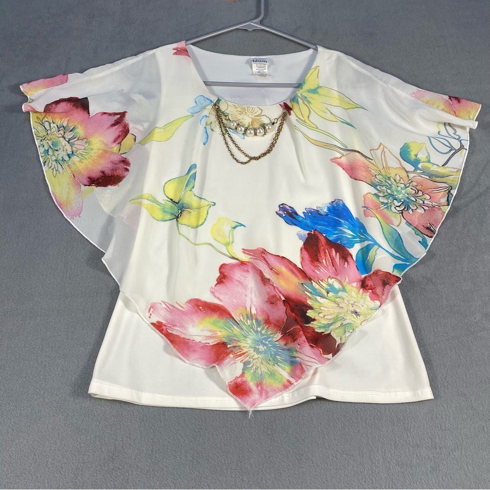 Blu:m Women’s White Floral Print Chiffon Blouse, with beaded detail, size L